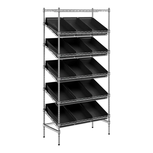 Regency 18" x 36" Stationary Slanted Chrome Shelf Unit with 15 Black Bins