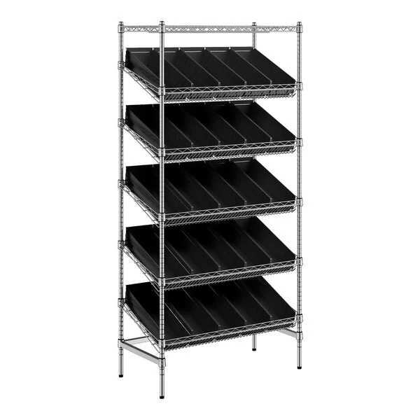 Regency 18" x 36" Stationary Slanted Chrome Shelf Unit with 25 Black Bins