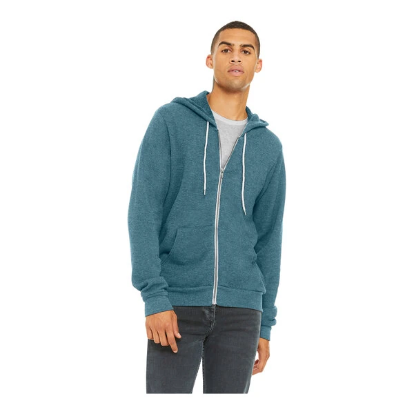 Bella + Canvas BC3739 Unisex Customizable Heather Deep Teal Sponge Fleece Full-Zip Hoodie Sweatshirt - Combed Ring-Spun Cotton / Poly Blend - 2X