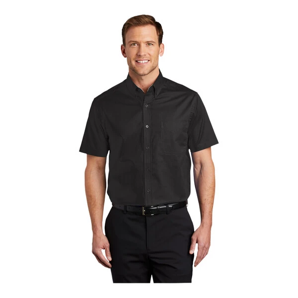 Port Authority S508 Unisex Customizable Black / Light Stone Short Sleeve Wrinkle-Resistant Easy-Care Dress Shirt - 3X