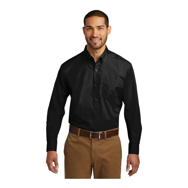 Port Authority W100 Unisex Customizable Deep Black Long Sleeve Carefree Poplin Dress Shirt with Stain Release - Medium