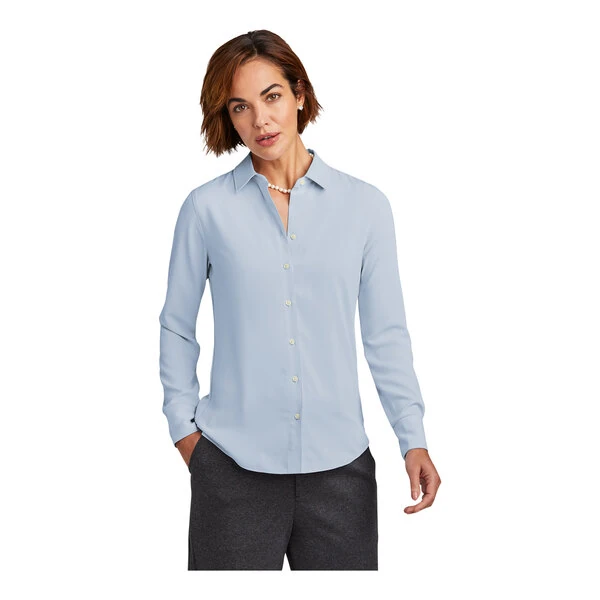 Brooks Brothers BB18007 Women's Customizable Heritage Blue Long Sleeve Full-Button Satin Blouse - 2X