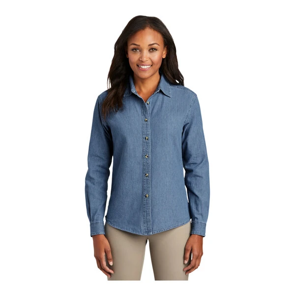 Port & Company LSP10 Women's Customizable Faded Blue Long Sleeve Denim Button-Down Shirt - 2X
