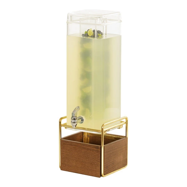 Cal-Mil 3703-3INF-46 Mid-Century 3 Gallon Square Beverage Dispenser with Walnut and Brass Base and Infusion Chamber