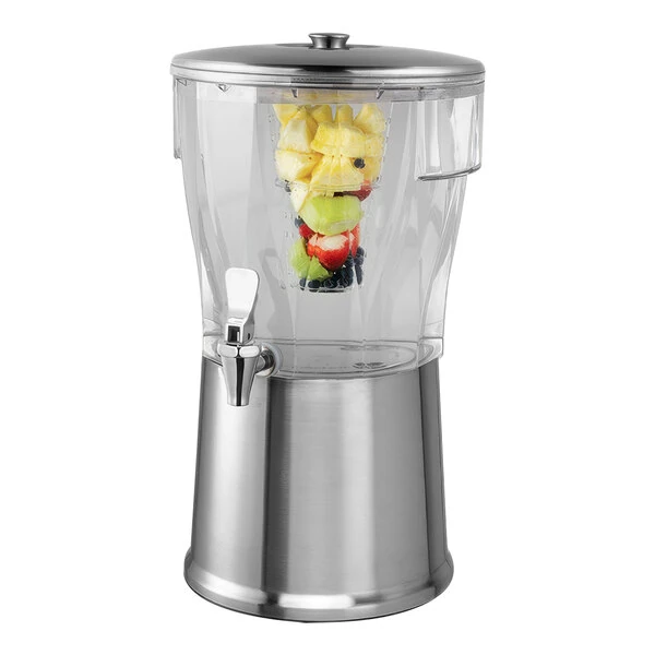 Service Ideas Elite 5 Gallon Round Brushed Stainless Steel Stainless Steel and Tritan™ Plastic Cold Beverage Dispenser with Infuser Tube CBDRT5BSSS