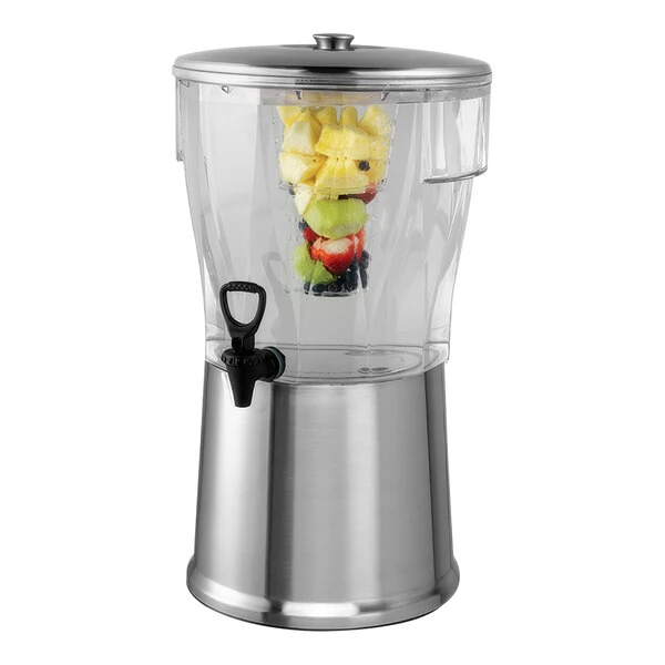 Service Ideas Essential 5 Gallon Round Brushed Stainless Steel and Tritan™ Plastic Cold Beverage Dispenser with Infuser Tube CBDRT5SS