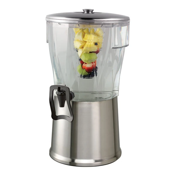 Service Ideas Essential 5 Gallon Round Brushed Stainless Steel and Tritan™ Plastic Hands-Free Cold Beverage Dispenser with Infuser Tube CBDRT5SSHF