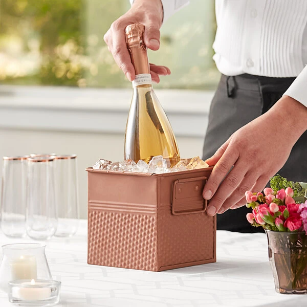 American Metalcraft BEVC655 3.375 Qt. 1/6 Size Hammered Copper-Plated Stainless Steel Square Beverage Tub - 6 1/4" x 5 3/4" x 5 3/4"