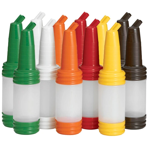 TableCraft N32A PourMaster 1 Qt. Assorted Color Plastic Bottle with Long Neck Top and StorMaster Cap - 12/Pack