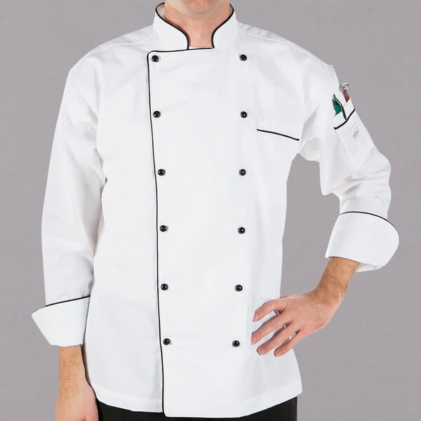 Mercer Culinary Renaissance® Unisex Lightweight White Executive Chef Jacket with Full Black Piping M62090WB - L