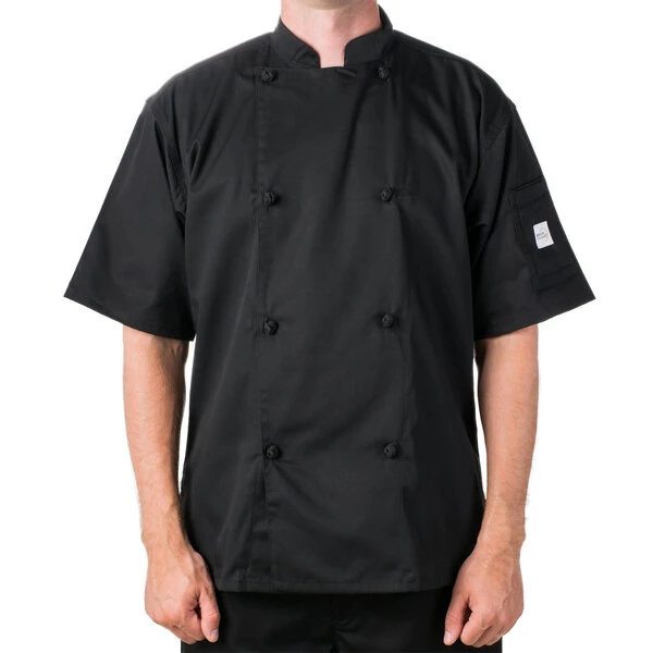 Mercer Culinary Genesis® Unisex Lightweight Black Short Sleeve Chef Jacket with Cloth Knot Buttons M61022BK - L