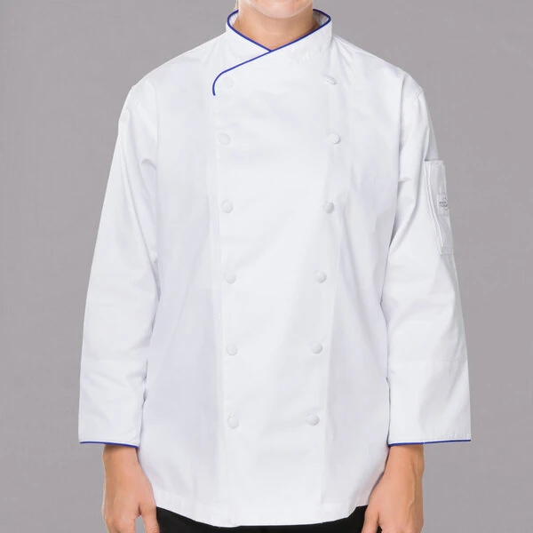 Mercer Culinary Renaissance® Women's Lightweight White Executive Long Sleeve Chef Jacket with Royal Blue Piping M62050WRB - 2X