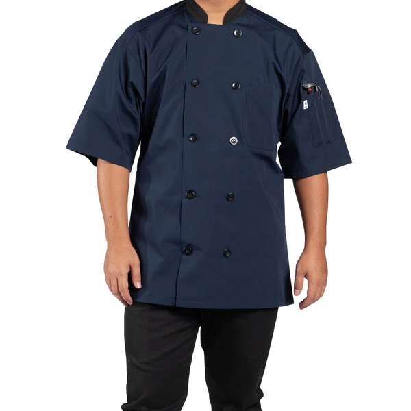 Uncommon Chef Havana Unisex Navy Customizable Short Sleeve Chef Coat with Mesh Back 0494 - S