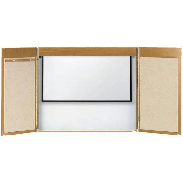 Aarco OVC-1 36" x 48" Oak Hardwood Veneer White Markerboard Conference Cabinet with Projection Screen