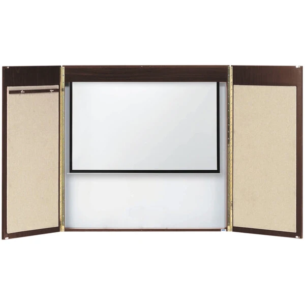 Aarco WVC-2 48" x 48" Walnut Hardwood Veneer White Markerboard Conference Cabinet with Projection Screen