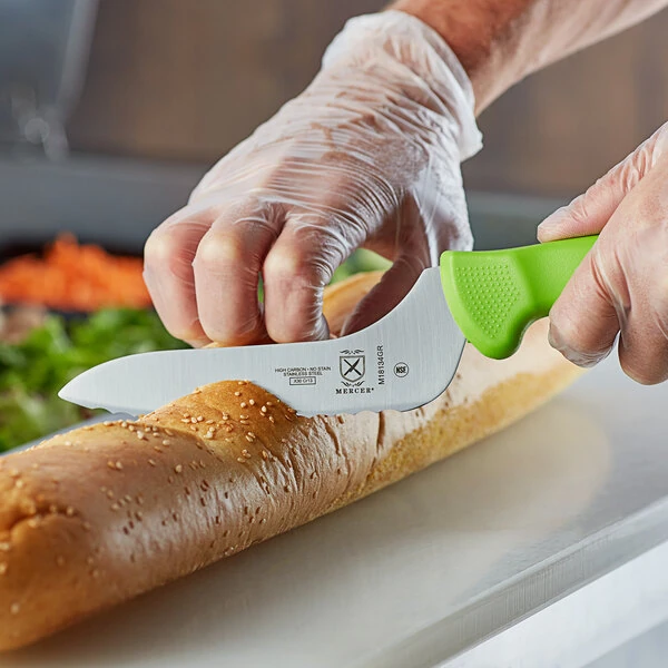 Mercer Culinary M18134GR Ultimate White® 6" Offset Wavy Edge Bread Knife - Green Handle