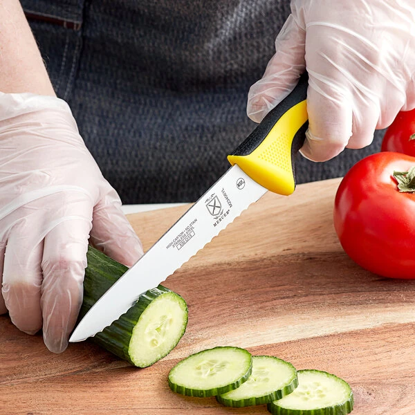 Mercer Culinary M23406YL Millennia® 6" Serrated Edge Utility Knife with Yellow Polypropylene and Santoprene Handle