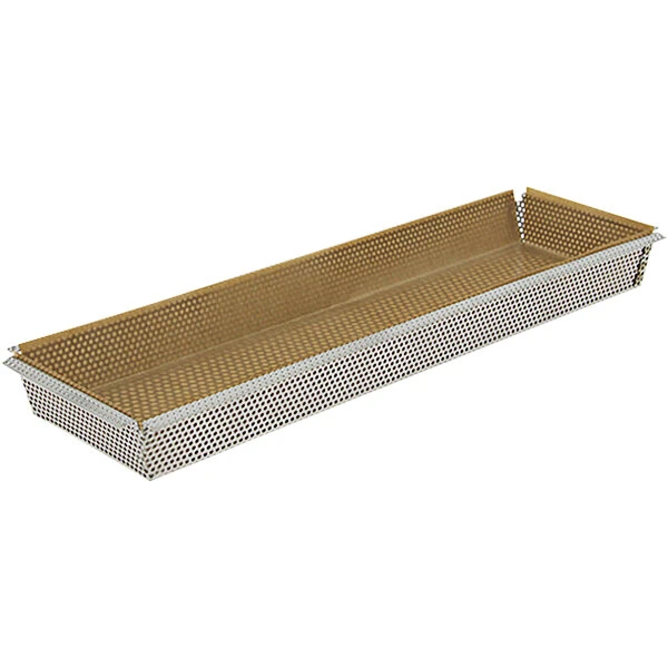 de Buyer 13 13/16" x 4 3/16" Rectangular Perforated Stainless Steel Tart Mold with Non-Stick Sheet 3212.35