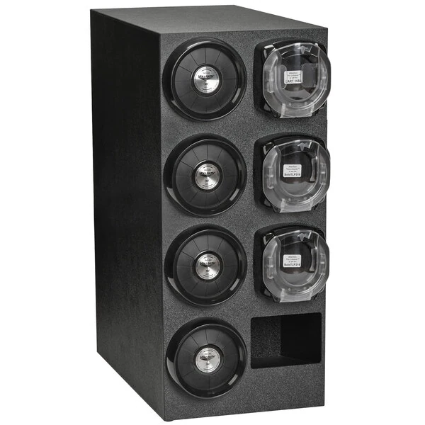 Vollrath K58801 Black 4-Slot 8 - 44 oz. Standard Countertop Cup Dispenser Cabinet with 3 LidSaver® 3 Dispensers and 1 Straw Pocket