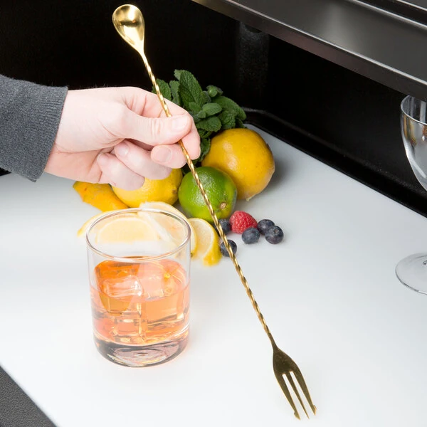 Barfly® M37016GD 15 3/4" Gold Plated Bar Spoon with Fork End