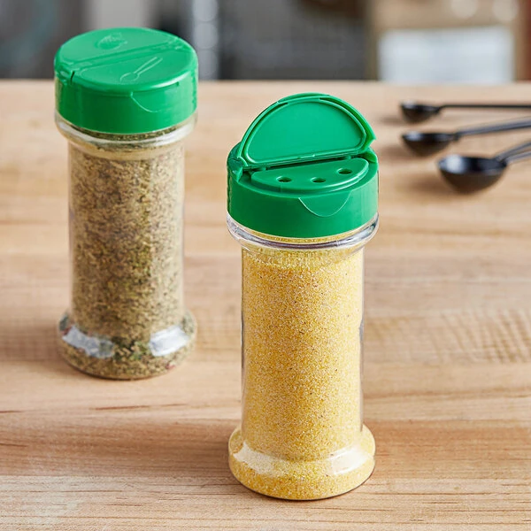 7 oz. Round Plastic Spice Container and 53/485 Green Induction-Lined Dual Flapper Lid with 3 Holes - 300/Case