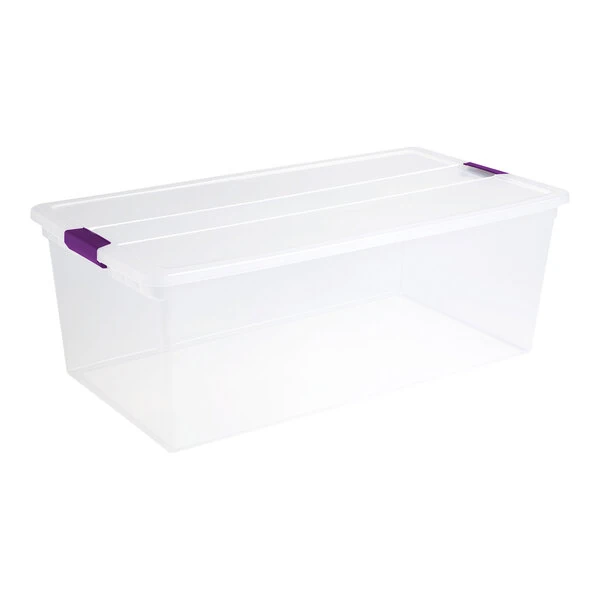 Sterilite ClearView 27.5 Gallon Clear Latch Box with Sweet Plum Handle Lid 17641704 - 4/Case