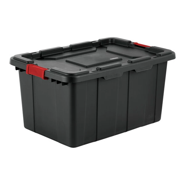 Sterilite 27 Gallon Black Industrial Storage Tote with Red Handle Lid 14669004 - 4/Case
