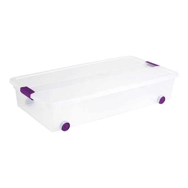 Sterilite ClearView 15 Gallon Clear Latch Box with Sweet Plum Handle Lid and Wheels 17611704 - 4/Case