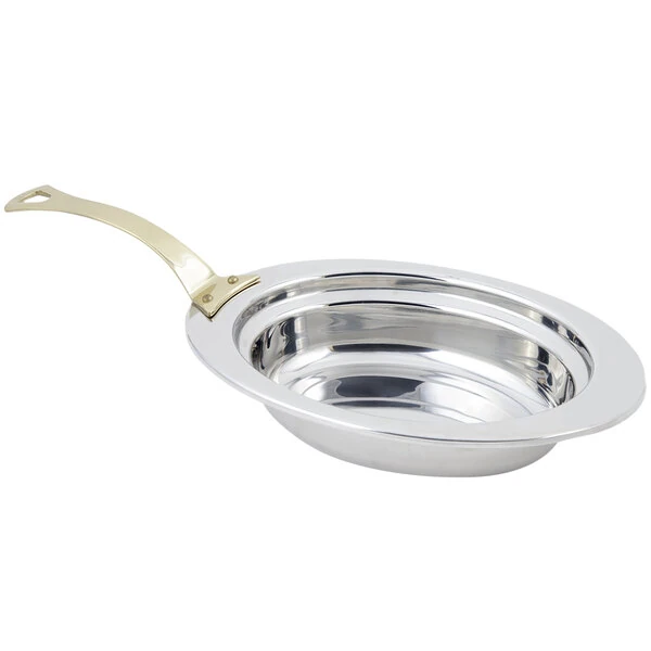 Bon Chef 5204HL 13" x 9" x 3" Stainless Steel 2 Qt. Full Size Oval Plain Design Food Pan with Long Brass Handle