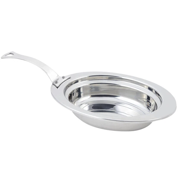 Bon Chef 5204HLSS 13" x 9" x 3" Stainless Steel 2 Qt. Full Size Oval Plain Design Food Pan with Long Stainless Steel Handle
