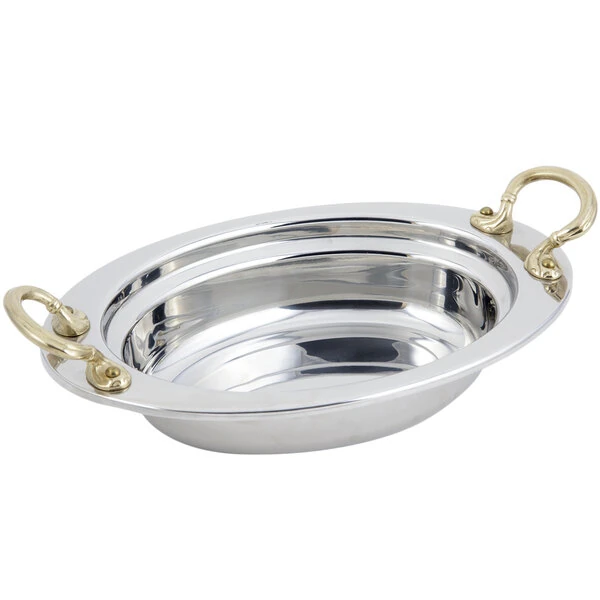 Bon Chef 5204HR 13" x 9" x 3" Stainless Steel 2 Qt. Full Size Oval Plain Design Food Pan with Round Brass Handles