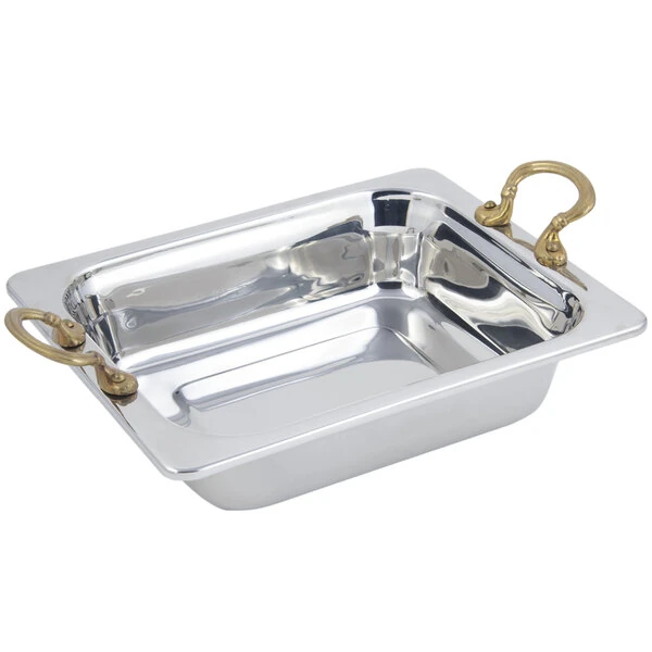 Bon Chef 5209HR 11" x 13" x 3" Stainless Steel 3 Qt. Half Size Rectangular Plain Design Food Pan with Round Brass Handles