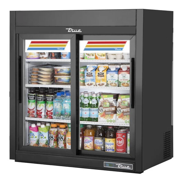 True GDM-09-SQ-HC-LD 36" Black Refrigerated Sliding Glass Door Countertop Merchandiser with LED Lighting