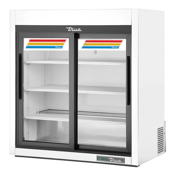True GDM-09-SQ-HC-LD 36" White Square Refrigerated Sliding Glass Door Countertop Merchandiser with LED Lighting