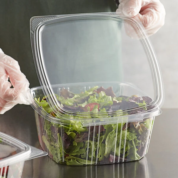 Choice 64 oz. Clear Recycled PET Hinged Deli Container - 200/Case