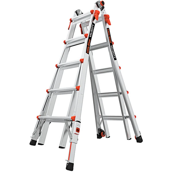 Little Giant Velocity 11' - 19' Type 1A Aluminum Articulated Extendable Ladder with Wheels and Ratchet Levelers 15422-801 - 300 lb. Capacity
