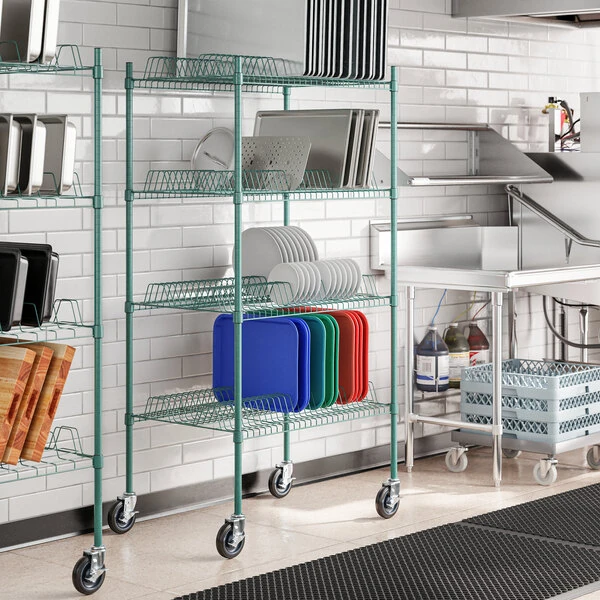 Regency 24" x 36" Green Epoxy Drying Rack 4-Shelf Kit with 64" Posts and Casters - 1 1/4" Slots