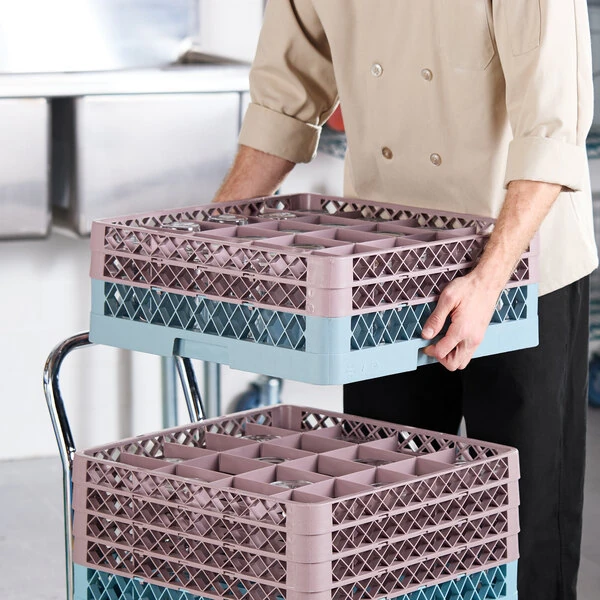 Noble Warewashing 20-Compartment Gray Full-Size Glass Rack with 2 Brown Extenders