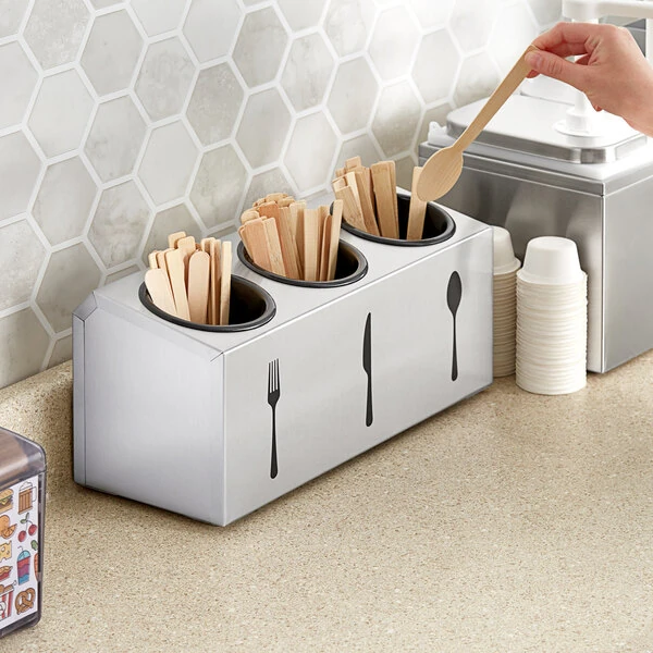 ServSense Three Hole Stainless Steel Flatware Organizer with Flatware Silhouettes and Black Perforated Plastic Cylinders