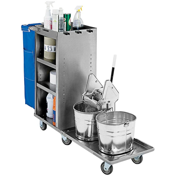 Lakeside 58070 58" x 18" x 41" Stainless Steel Fold-Up 2-Bucket Janitor/Housekeeping Cart with Nylon Laundry Bag