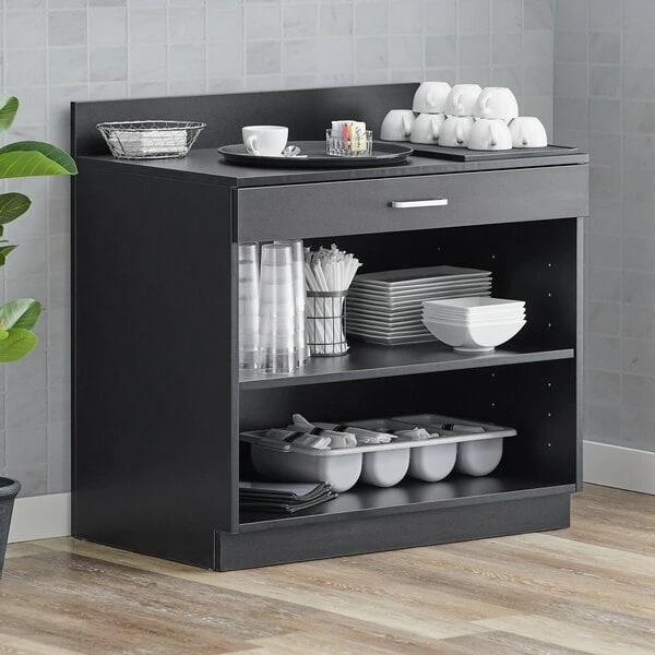 Lancaster Table & Seating 36" Black Waitress Station with Drawer and Adjustable Shelf
