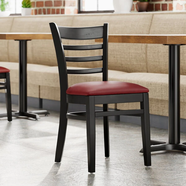 Lancaster Table & Seating Black Finish Wood Ladder Back Chair with Burgundy Vinyl Seat - Assembled