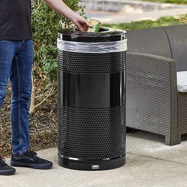 Rubbermaid® FGS3ETBKPL Classics Black Round Steel Drop Top Trash Can with Levelers and Rigid Plastic Liner 25 Gallon