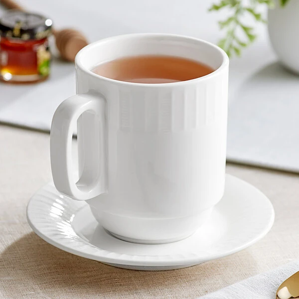 Acopa Cordelia 13 oz. Bright White Embossed Stackable Porcelain Mug - 36/Case