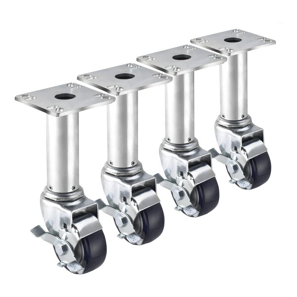 Krowne 28-117S 8 1/2" - 10 1/2" Adjustable Height Swivel Plate Caster Set with 3 1/2" x 3 1/2" Plates and Side Brakes
