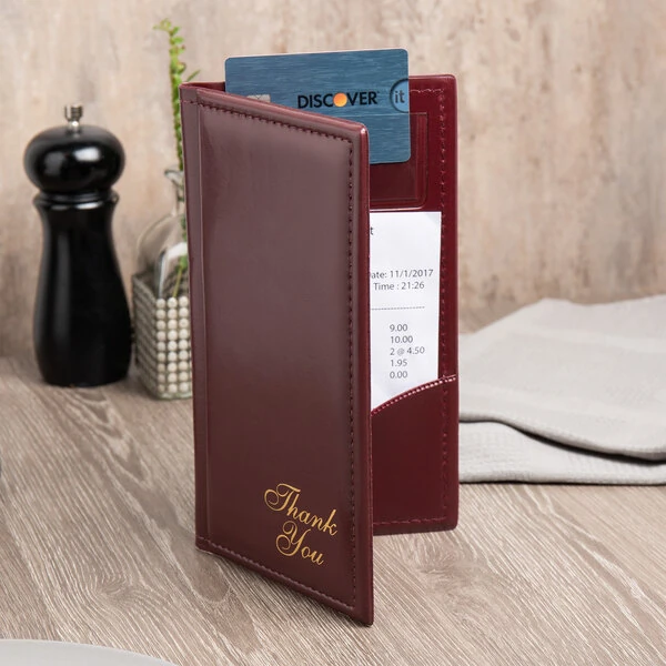 Menu Solutions CH870 5" x 9" Burgundy Guest Check Presenter with Credit Card Pocket