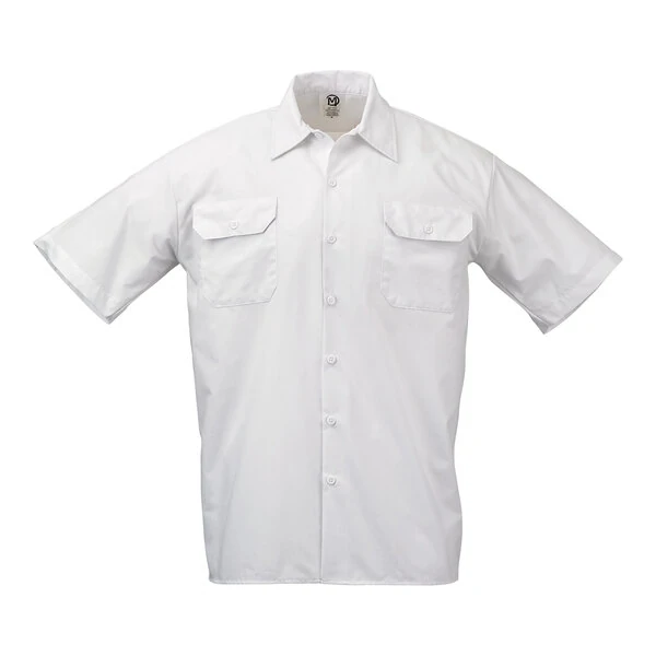 Mercer Culinary M60250BK Metro Edge Unisex White Short Sleeve Brewer / Work Shirt - L