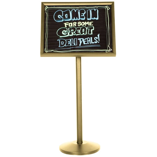 Aarco P-7B Single Pedestal Brass Frame Black Marker Board with Neon Markers