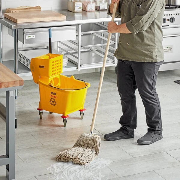 Lavex Wet Mop Kit with (12) 24 oz. #32 Cut-End Wet Mop Heads and Wooden Handle with Metal Threads
