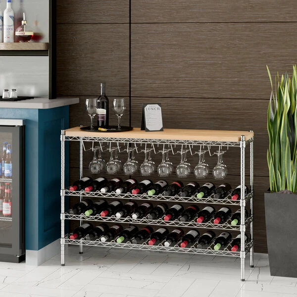 Regency 14" x 48" 3 Shelf 33-Bottle Wire Wine Rack with 34" Posts and Hardwood Top